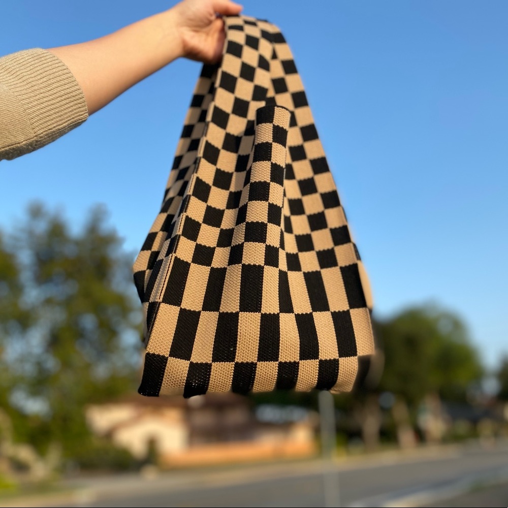 Checkerboard Knit Shoulder Bag in Black and Tan - Everyday Tote